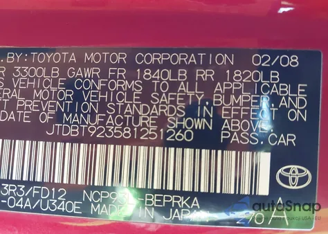 2008 Toyota Yaris from USA, damaged, VIN JTDBT923581251260